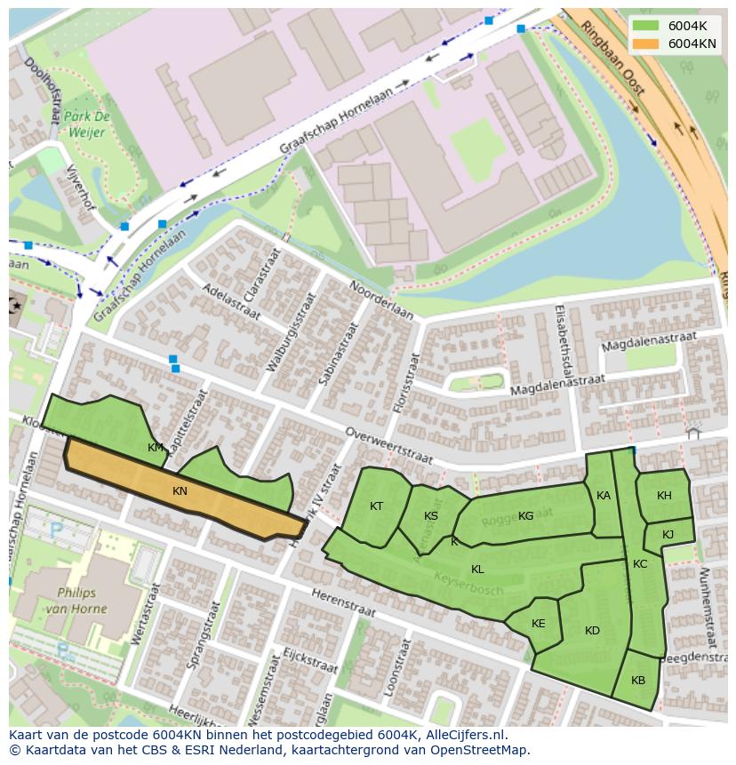 Afbeelding van het postcodegebied 6004 KN op de kaart.