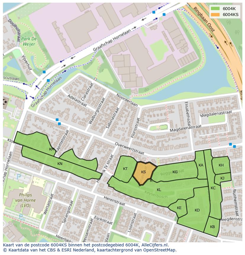 Afbeelding van het postcodegebied 6004 KS op de kaart.