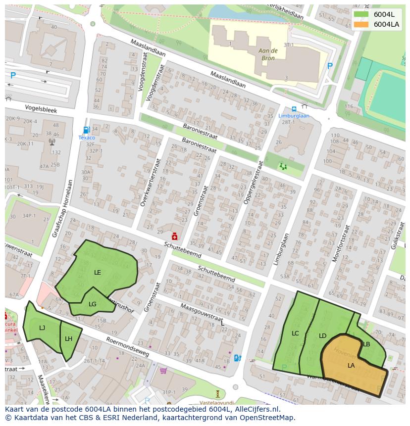 Afbeelding van het postcodegebied 6004 LA op de kaart.