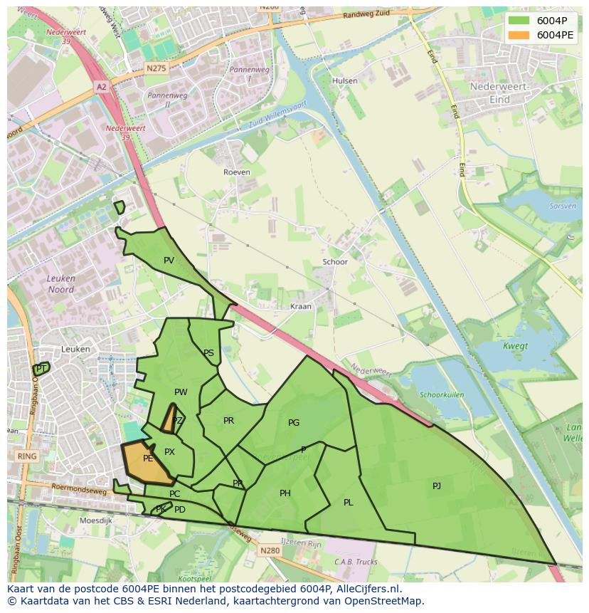 Afbeelding van het postcodegebied 6004 PE op de kaart.