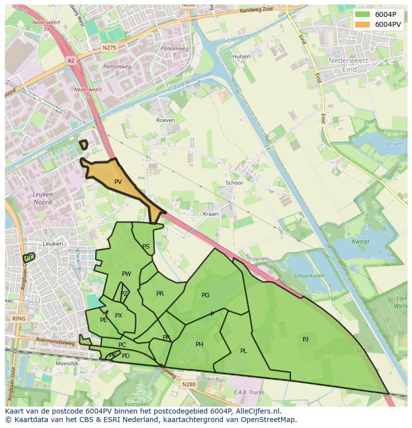 Afbeelding van het postcodegebied 6004 PV op de kaart.