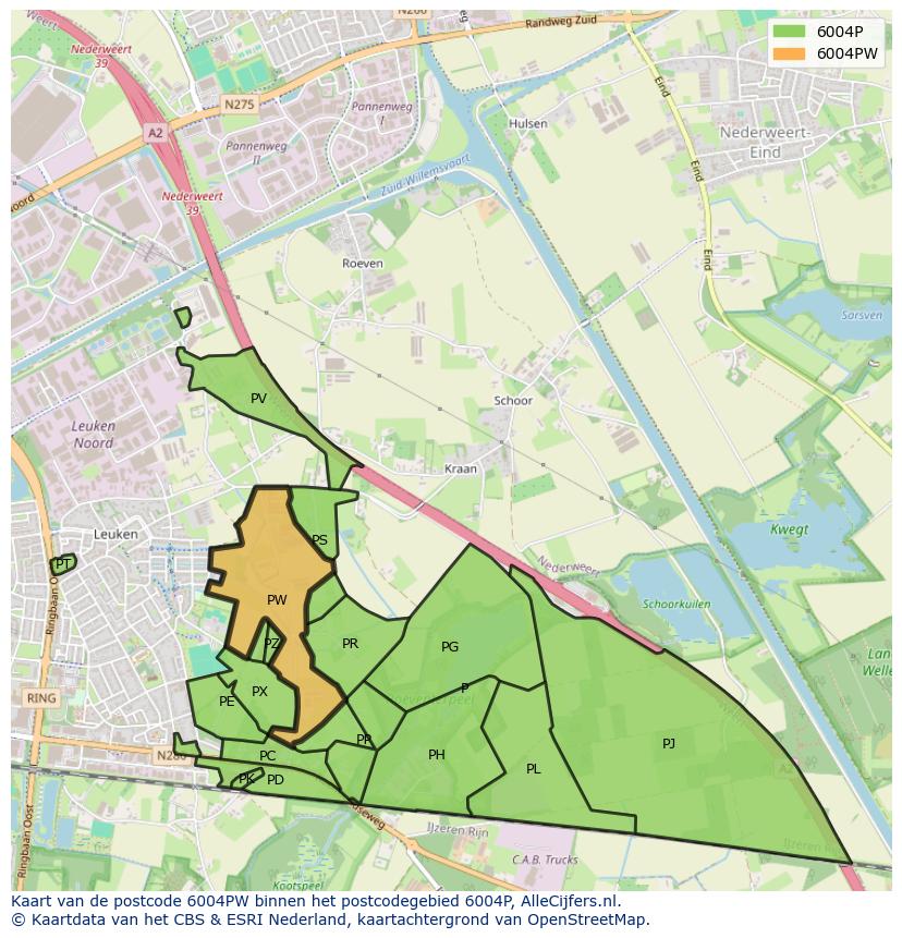 Afbeelding van het postcodegebied 6004 PW op de kaart.