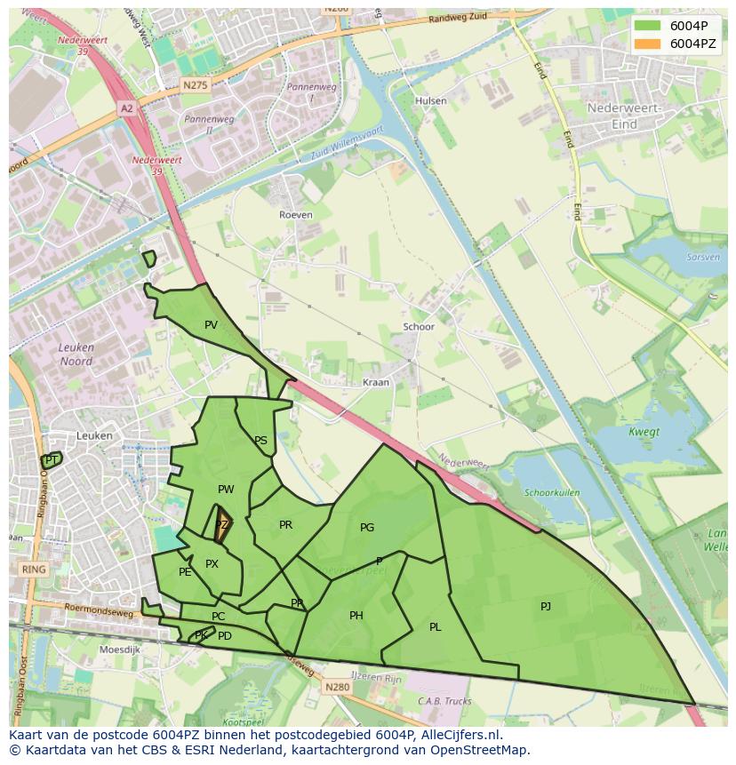 Afbeelding van het postcodegebied 6004 PZ op de kaart.