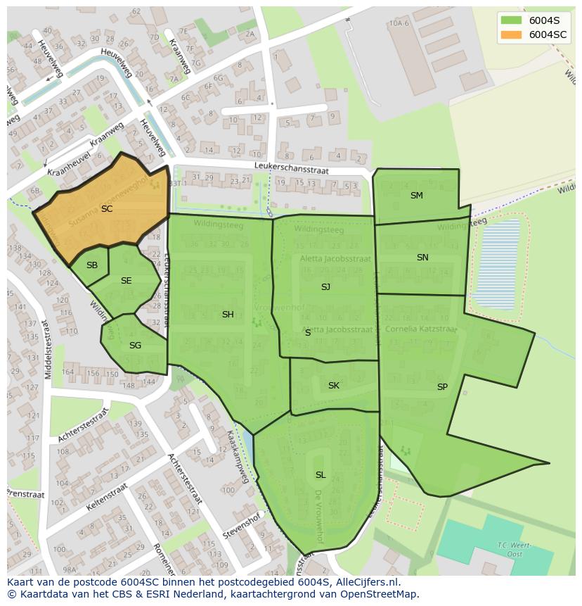 Afbeelding van het postcodegebied 6004 SC op de kaart.