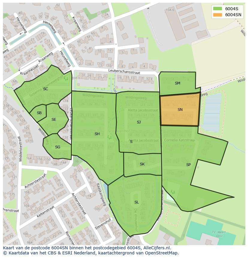 Afbeelding van het postcodegebied 6004 SN op de kaart.