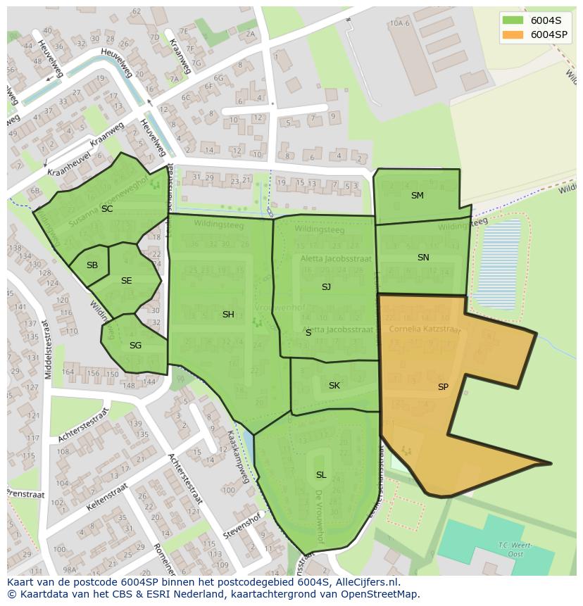 Afbeelding van het postcodegebied 6004 SP op de kaart.