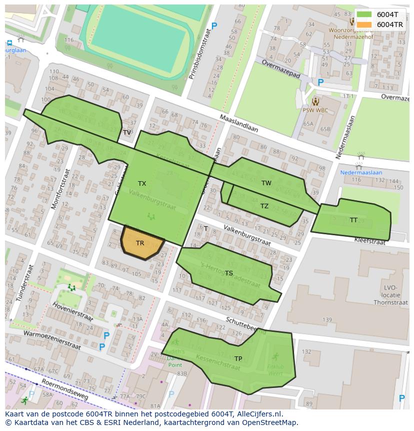 Afbeelding van het postcodegebied 6004 TR op de kaart.