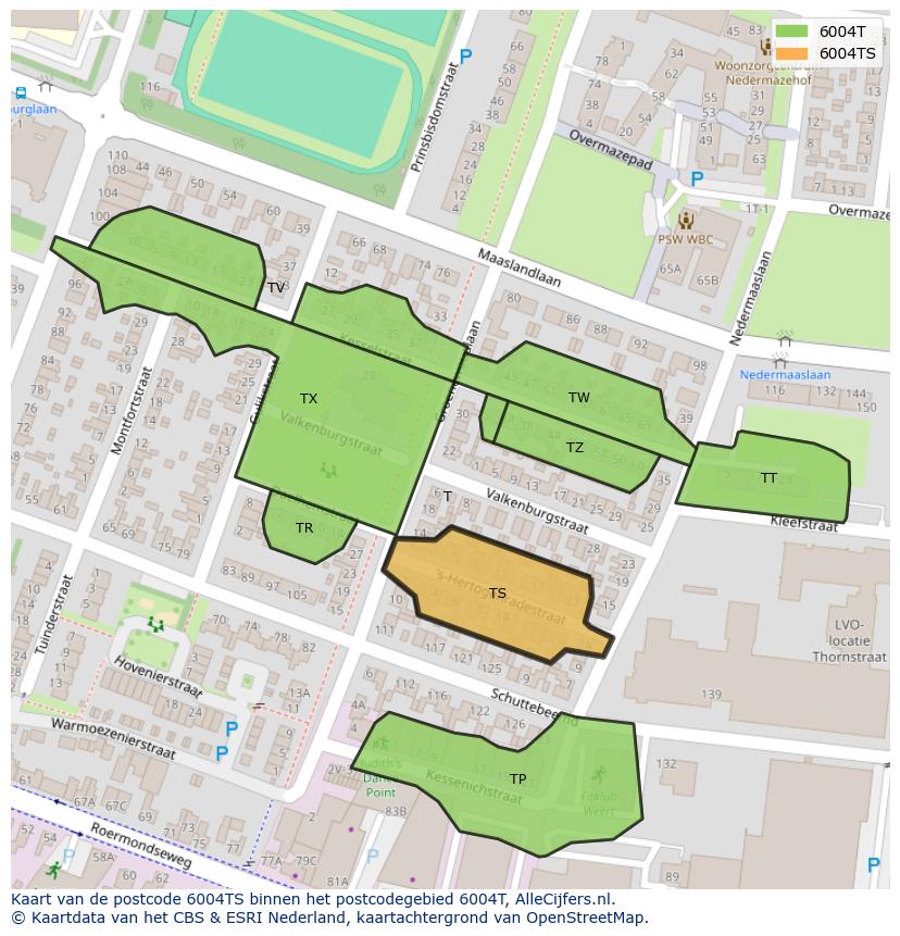 Afbeelding van het postcodegebied 6004 TS op de kaart.