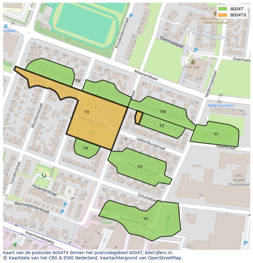 Afbeelding van het postcodegebied 6004 TX op de kaart.