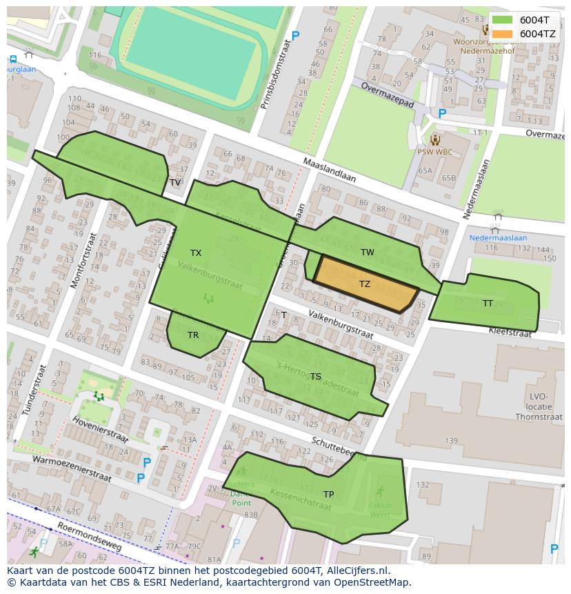 Afbeelding van het postcodegebied 6004 TZ op de kaart.