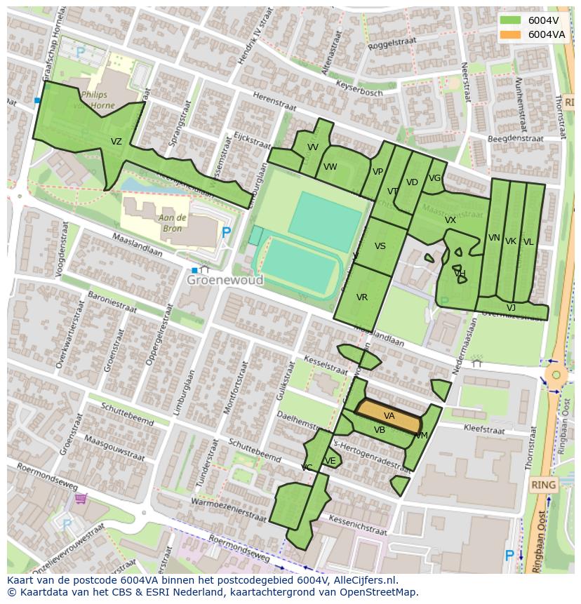 Afbeelding van het postcodegebied 6004 VA op de kaart.