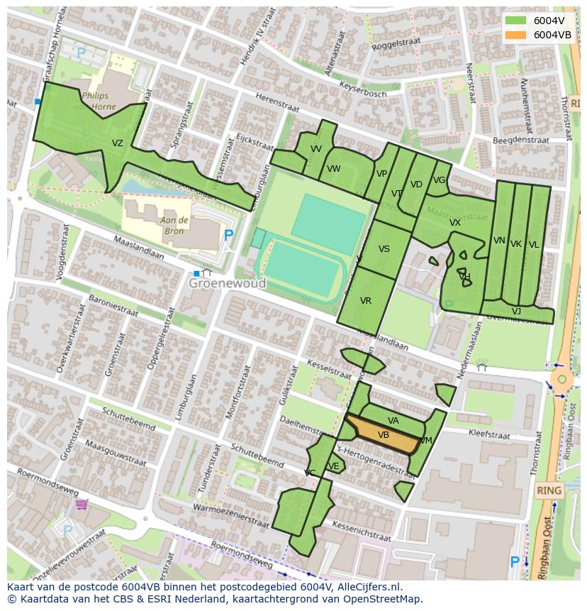 Afbeelding van het postcodegebied 6004 VB op de kaart.