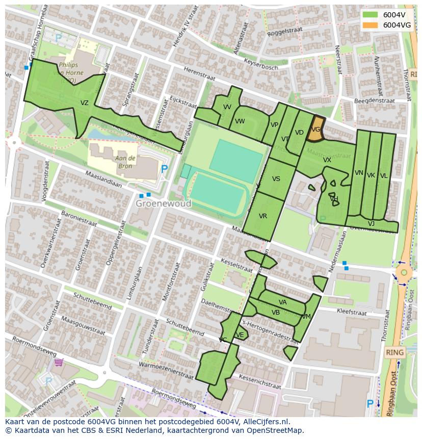 Afbeelding van het postcodegebied 6004 VG op de kaart.