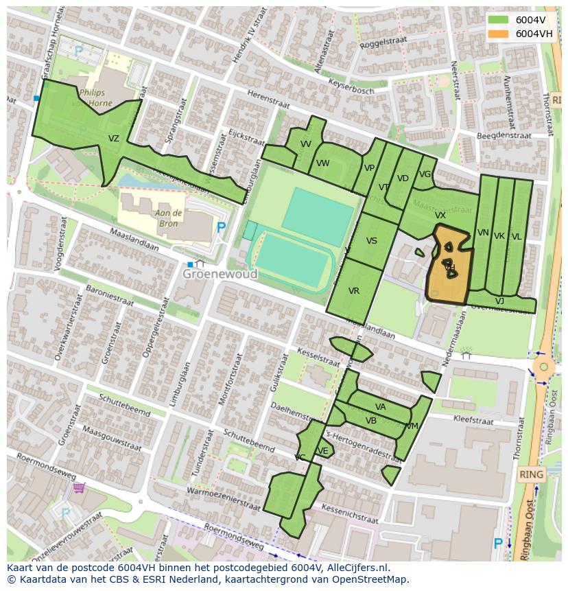 Afbeelding van het postcodegebied 6004 VH op de kaart.