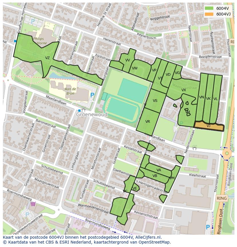 Afbeelding van het postcodegebied 6004 VJ op de kaart.