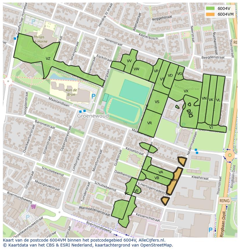 Afbeelding van het postcodegebied 6004 VM op de kaart.