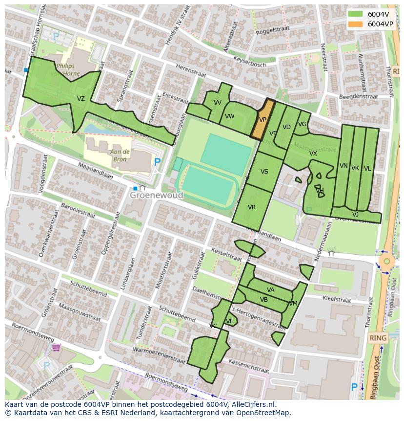 Afbeelding van het postcodegebied 6004 VP op de kaart.