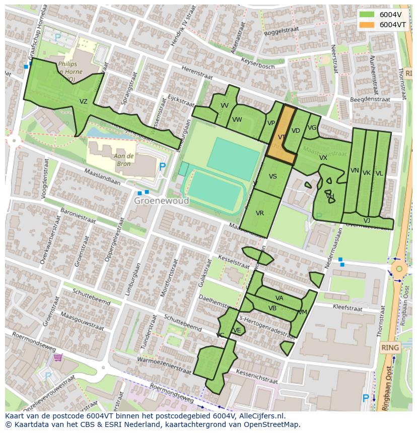 Afbeelding van het postcodegebied 6004 VT op de kaart.
