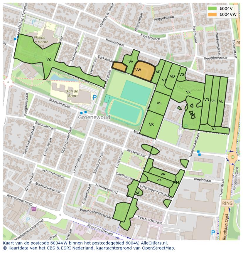 Afbeelding van het postcodegebied 6004 VW op de kaart.