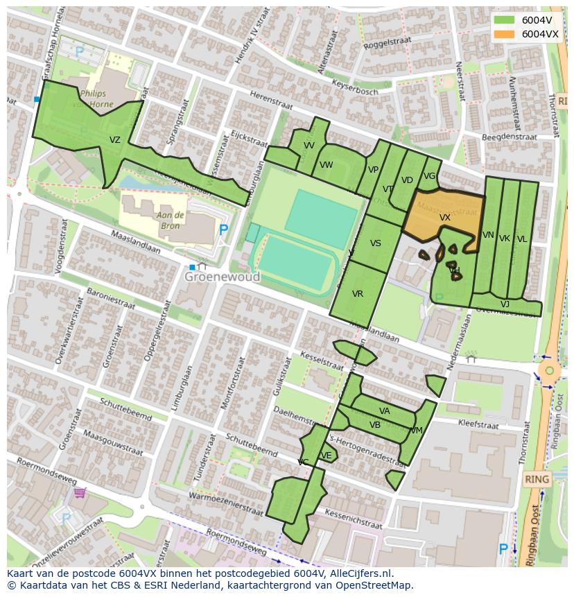 Afbeelding van het postcodegebied 6004 VX op de kaart.
