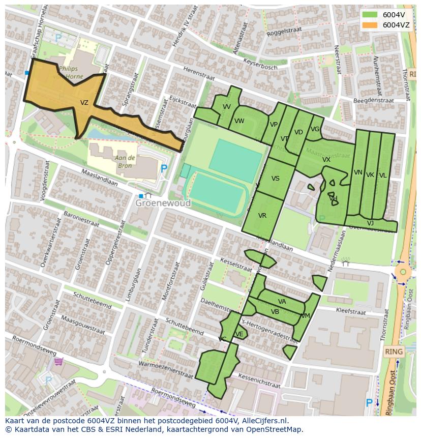 Afbeelding van het postcodegebied 6004 VZ op de kaart.