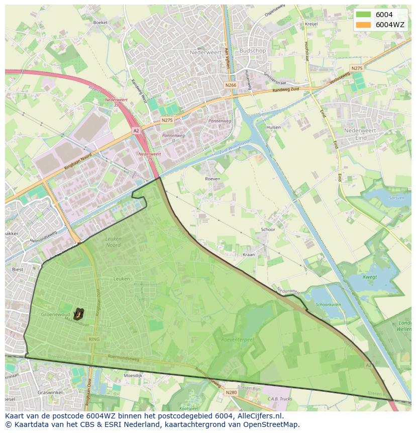 Afbeelding van het postcodegebied 6004 WZ op de kaart.