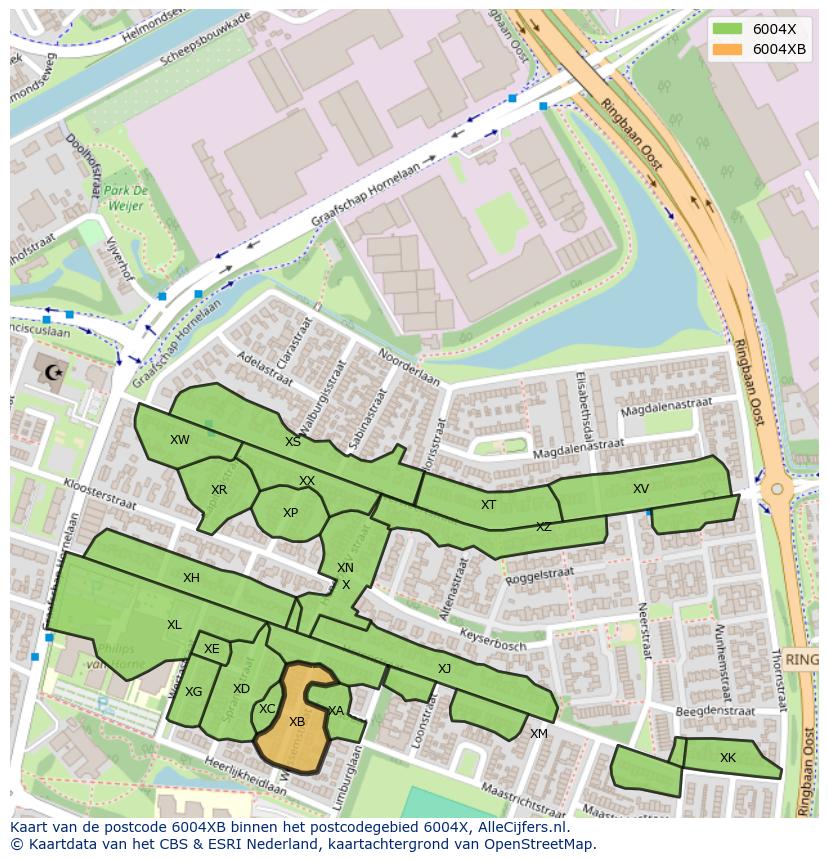 Afbeelding van het postcodegebied 6004 XB op de kaart.
