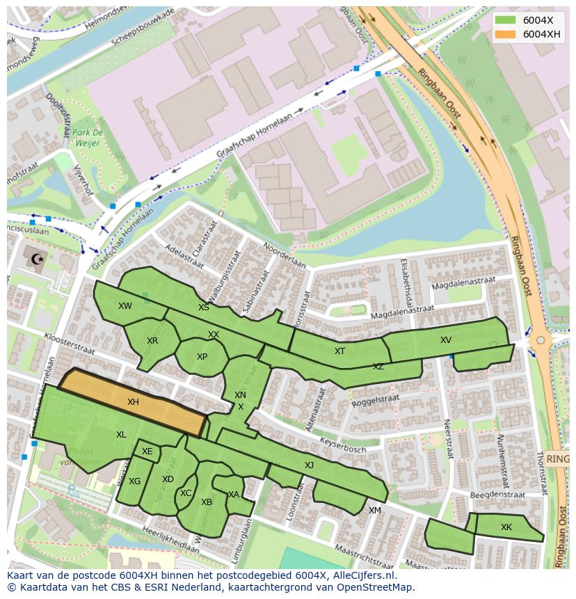 Afbeelding van het postcodegebied 6004 XH op de kaart.