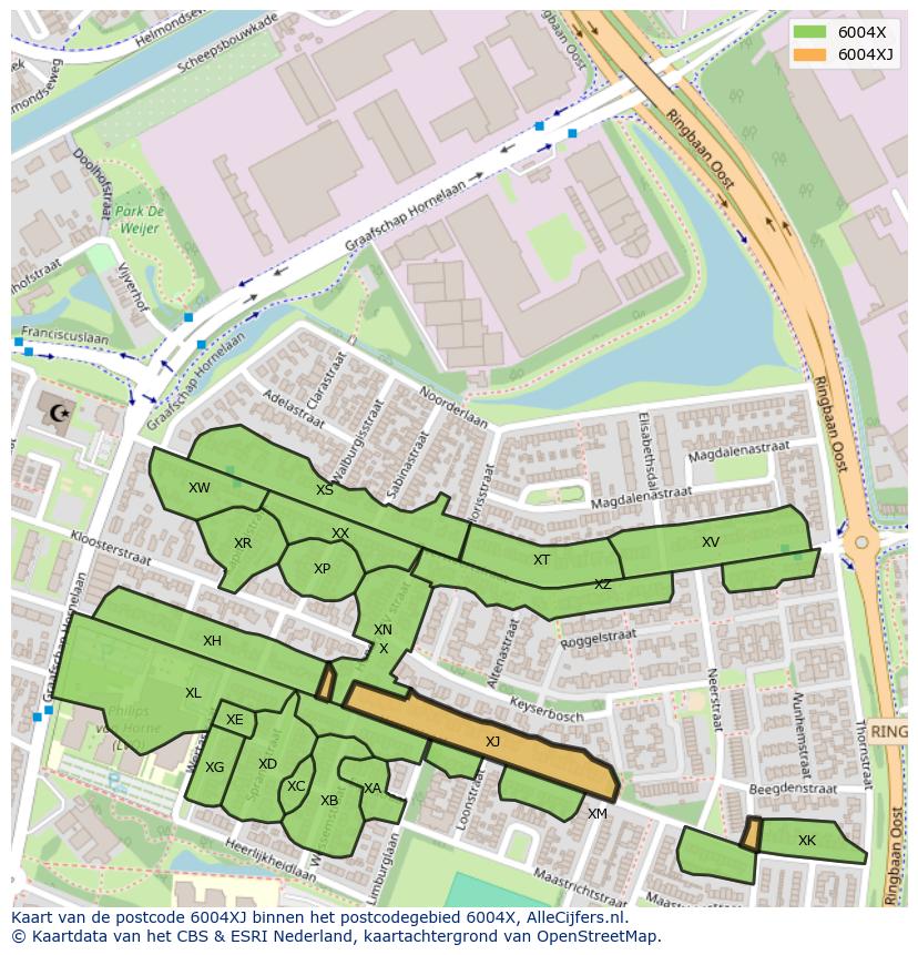 Afbeelding van het postcodegebied 6004 XJ op de kaart.