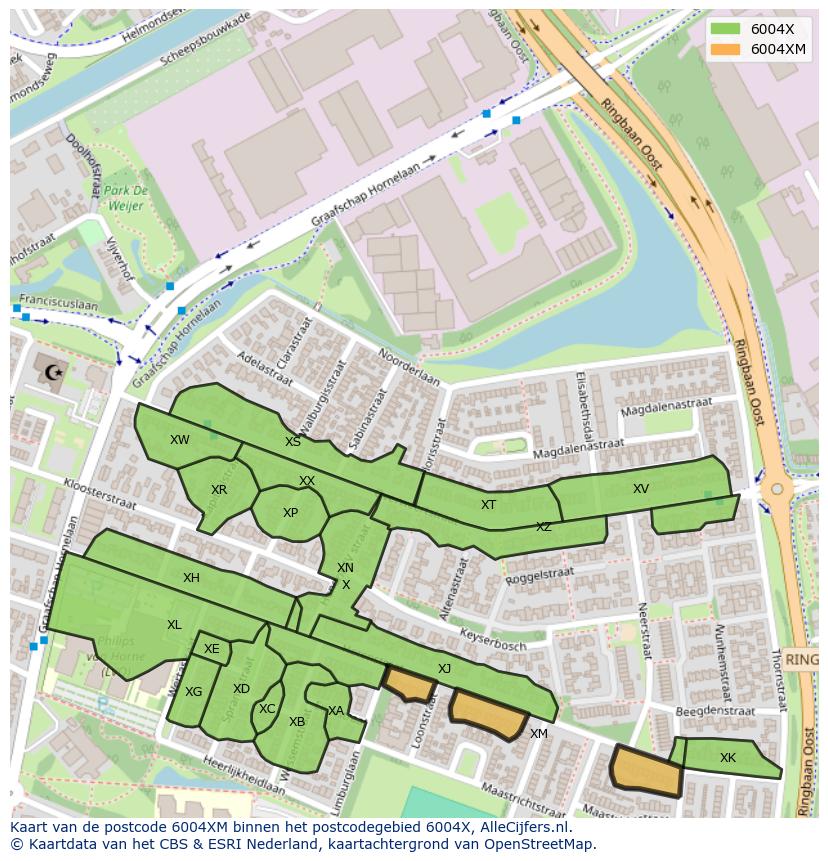 Afbeelding van het postcodegebied 6004 XM op de kaart.