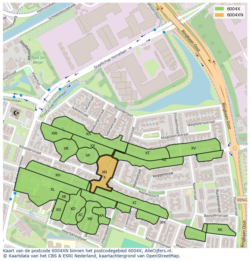 Afbeelding van het postcodegebied 6004 XN op de kaart.