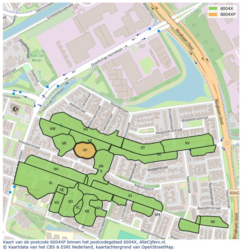 Afbeelding van het postcodegebied 6004 XP op de kaart.