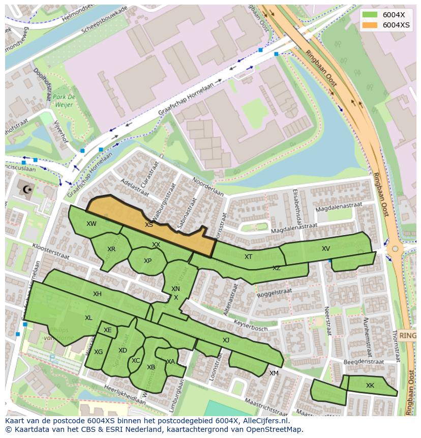 Afbeelding van het postcodegebied 6004 XS op de kaart.