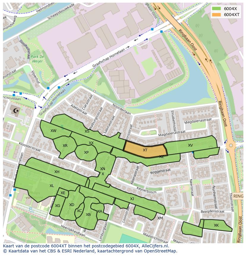Afbeelding van het postcodegebied 6004 XT op de kaart.