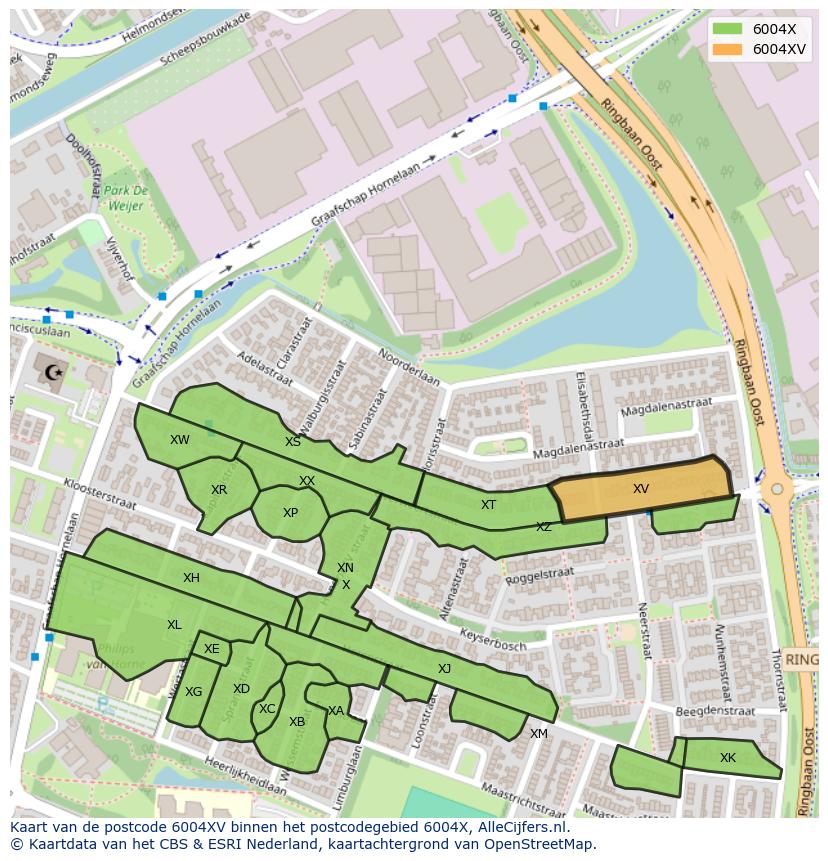 Afbeelding van het postcodegebied 6004 XV op de kaart.