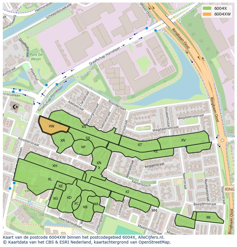Afbeelding van het postcodegebied 6004 XW op de kaart.