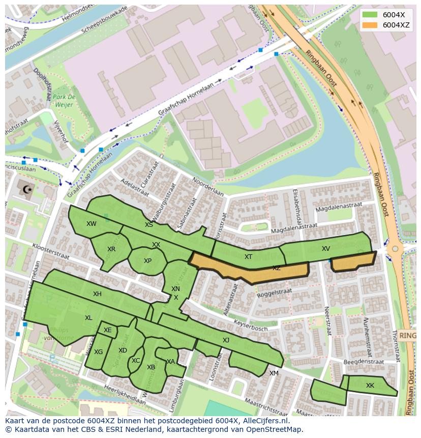 Afbeelding van het postcodegebied 6004 XZ op de kaart.