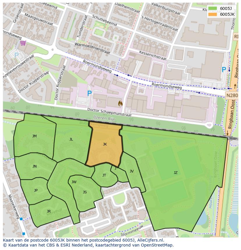 Afbeelding van het postcodegebied 6005 JK op de kaart.