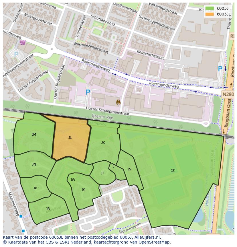 Afbeelding van het postcodegebied 6005 JL op de kaart.
