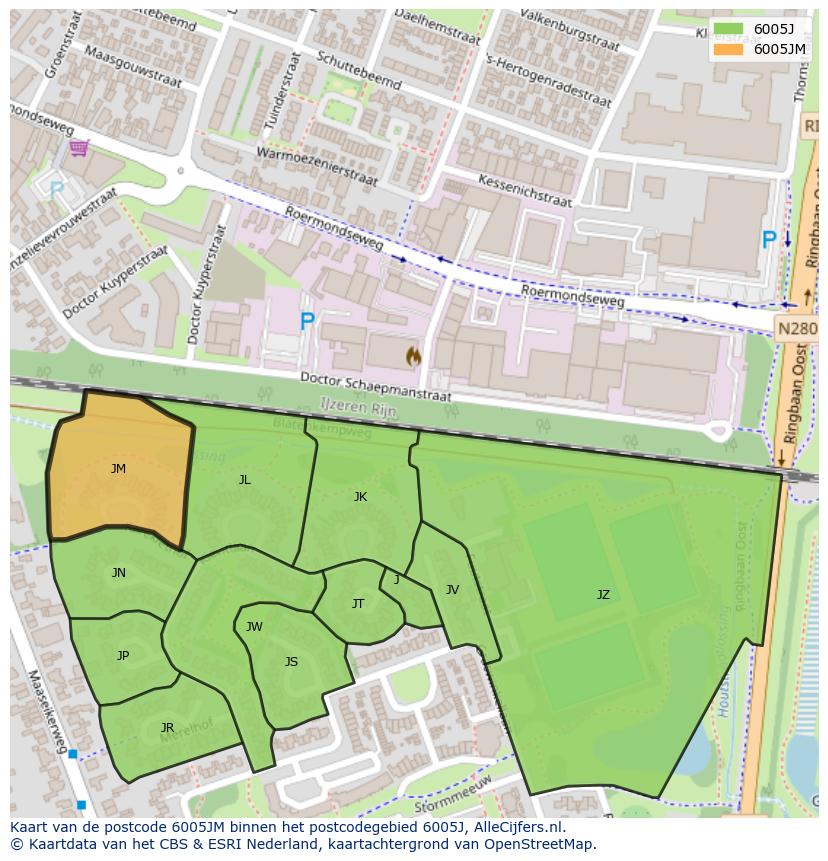 Afbeelding van het postcodegebied 6005 JM op de kaart.