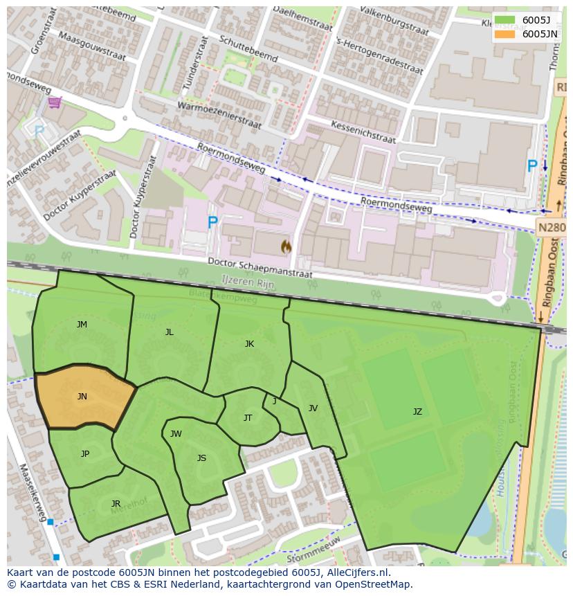 Afbeelding van het postcodegebied 6005 JN op de kaart.