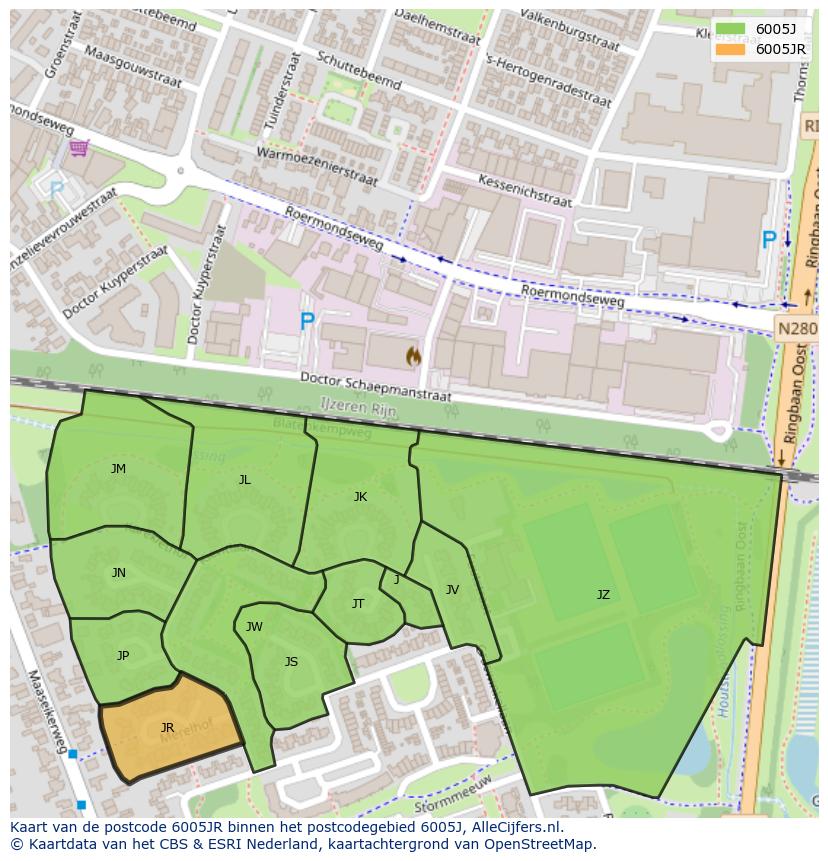 Afbeelding van het postcodegebied 6005 JR op de kaart.