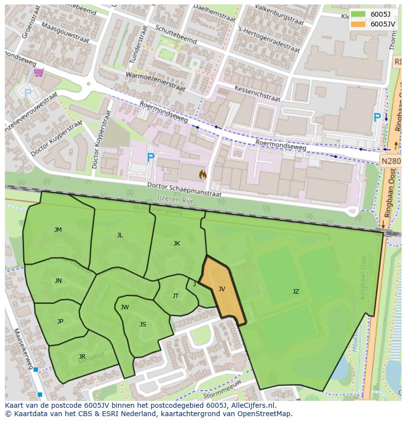 Afbeelding van het postcodegebied 6005 JV op de kaart.