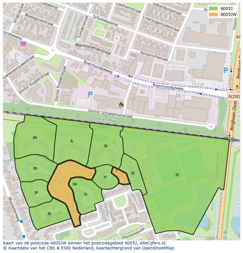Afbeelding van het postcodegebied 6005 JW op de kaart.