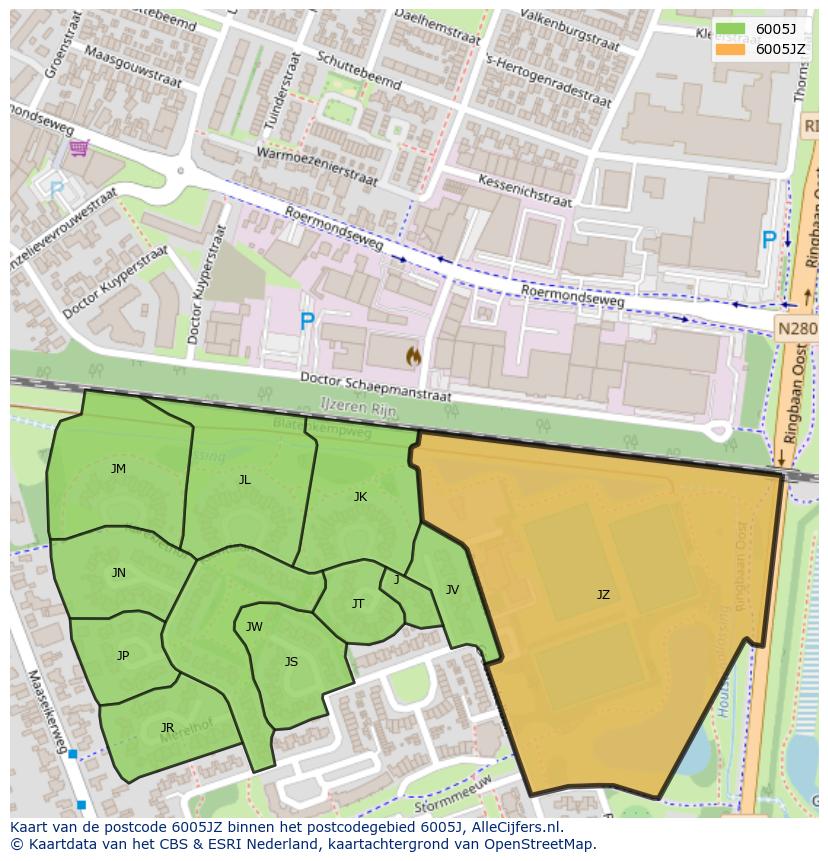 Afbeelding van het postcodegebied 6005 JZ op de kaart.