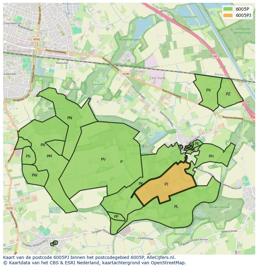 Afbeelding van het postcodegebied 6005 PJ op de kaart.