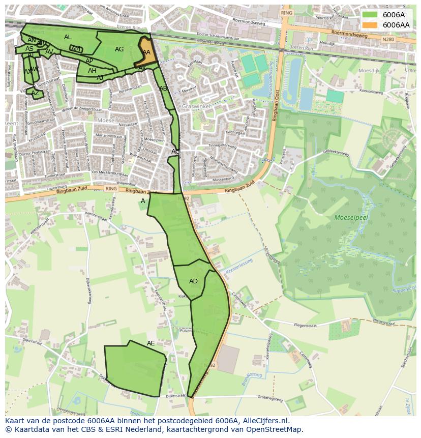 Afbeelding van het postcodegebied 6006 AA op de kaart.