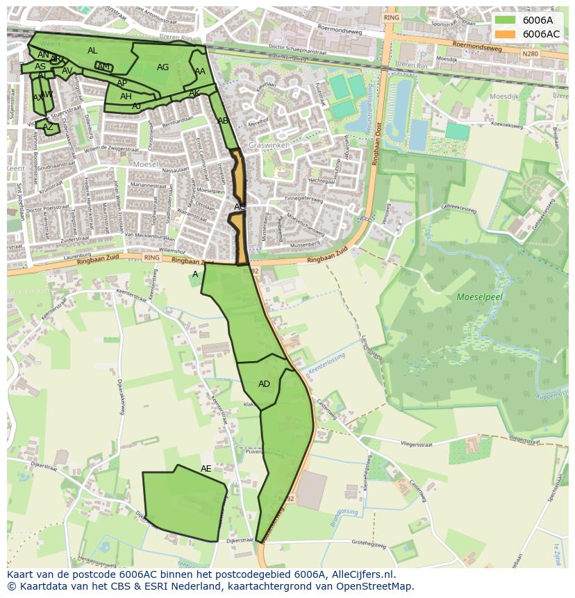 Afbeelding van het postcodegebied 6006 AC op de kaart.