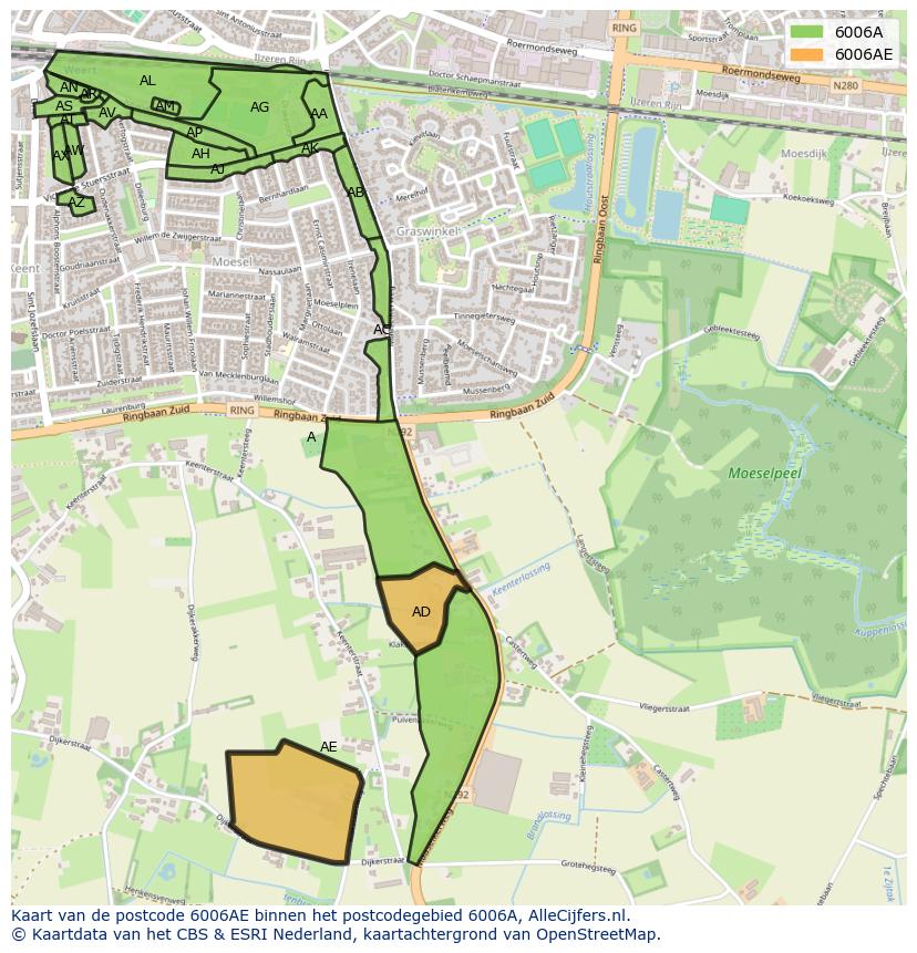 Afbeelding van het postcodegebied 6006 AE op de kaart.