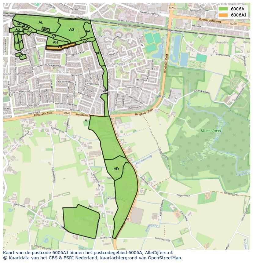 Afbeelding van het postcodegebied 6006 AJ op de kaart.